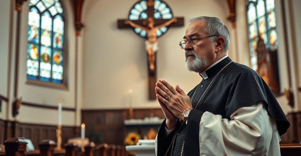 Koncelebrowany katolicki ksiądz w modlitewnym skupieniu w świątyni, symbolizujący duchową odpowiedzialność i tradycyjną wierność katolickim wartościom