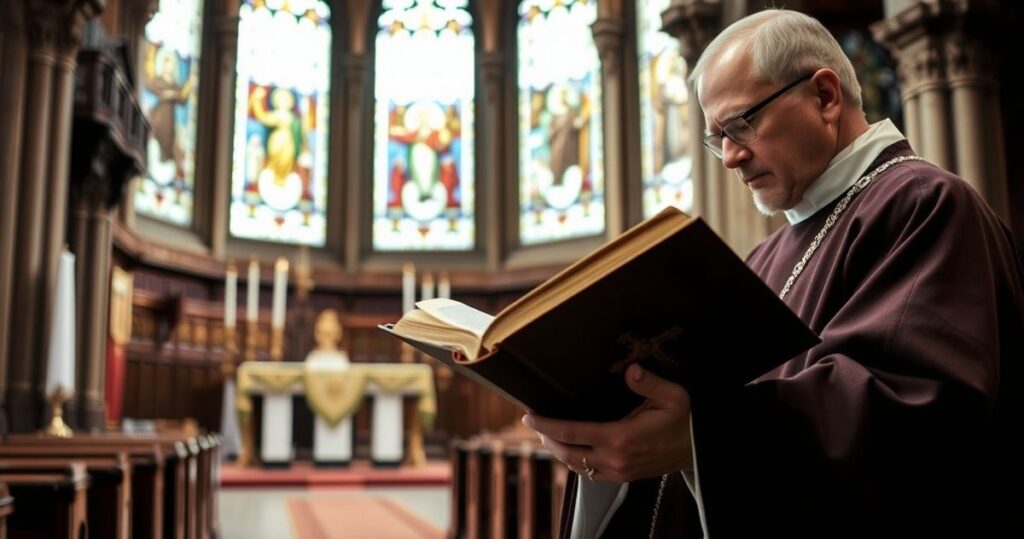 Szczegółowa, realistyczna scena katolicka z kapłanem w tradycyjnych szatach czytającym Biblię w historycznym kościele, symbolizująca troskę o wierność naukom Kościoła