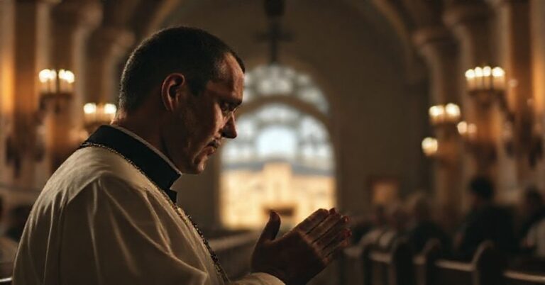 Prawy katolicki kapłan modli się w koście z widokiem Ziemi Świętej na tle, symbolizując duchowy wymiar konfliktu izraelsko-palestyńskiego.