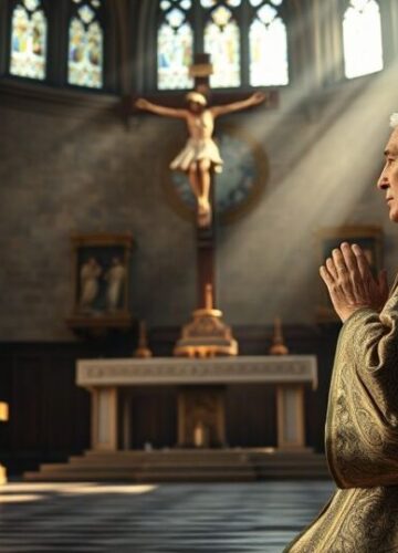 Katolicki kapłan modlący się w tradycyjnym kościele Realistyczny obraz katolickiego kapłana modlącego się przed krucyfiksem w starym kościele, ukazujący głęboką pobożność i tradycyjną wiarę.