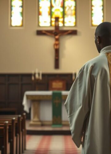 Catholic priest in prayer before altar amid controversy in Africa Katolicki kapłan w modlitwie przed ołtarzem w skromnym kościele, oddający cześć tradycyjnej wierze w obliczu współczesnych kontrowersji