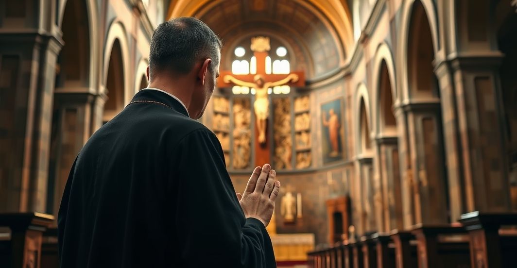 Tradycyjny katolicki kapłan w modlitwie przed krucyfiksem Tradycyjny katolicki kapłan modlący się przed krzyżem w starym kościele, symbol głębokiej wiary i tradycji katolickiej