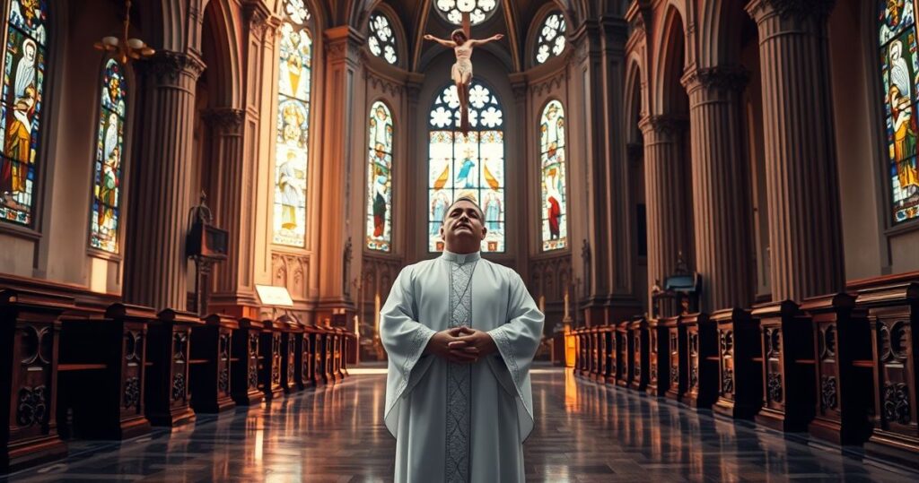 Kapłan w sutannie modlący się w tradycyjnym kościele z krucyfiksem, odzwierciedlający katolicką pobożność i wierność wierze.