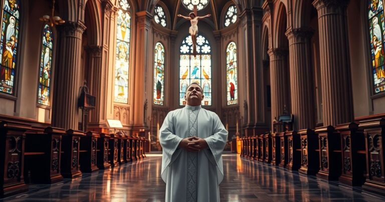 Kapłan w sutannie modlący się w tradycyjnym kościele z krucyfiksem, odzwierciedlający katolicką pobożność i wierność wierze.