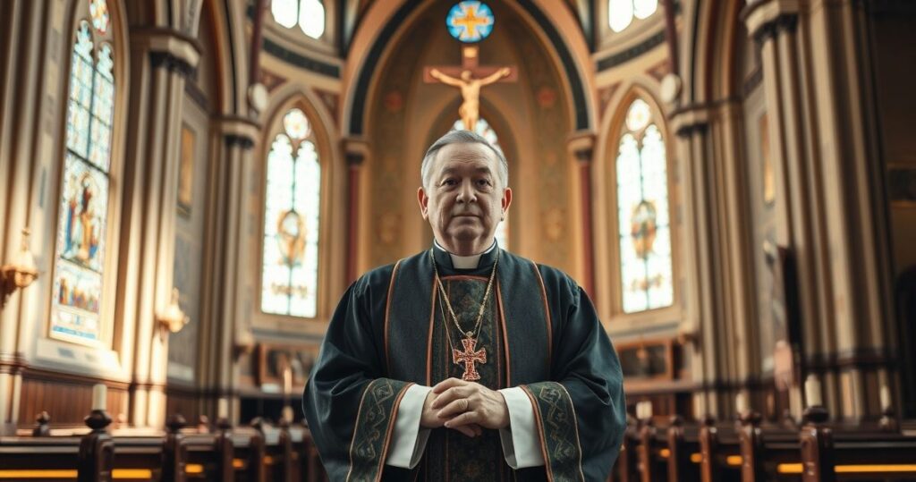 Katolicki kapłan w tradycyjnym stroju podczas modlitwy w kościele, symbolizujący wierność Królowi Chrystusowi, refleksja nad prawem Bożym i krytyka współczesnych prób pokojowych bez Chrystusa
