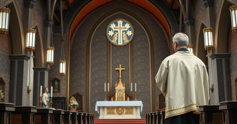 Katolicki kapłan w tradycyjnym stroju podczas modlitwy w kościele, symbolizujący wierność Królowi Chrystusowi, refleksja nad prawem Bożym i krytyka współczesnych prób pokojowych bez Chrystusa