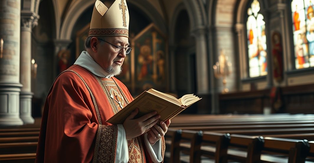 Reverentny obraz katolickiego kapłana w liturgicznych szatach, modlącego się w kościele, podkreślający świętość powołania i duchową głębię
