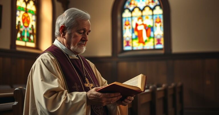 Realistyczne, pełne szacunku katolickie zdjęcie starszego kapłana w tradycyjnych szatach czytającego Biblię w skromnym kościele, oświetlone naturalnym światłem przez witraże, podkreślające wiarę i duchową siłę.