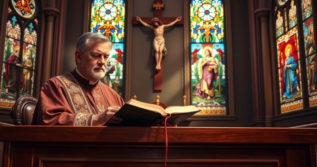 Konieczny obraz katolickiego kapłana czytającego Biblię w świątyni, symbolizujący tradycję i autorytet Kościoła w obliczu współczesnych zagrożeń duchowych