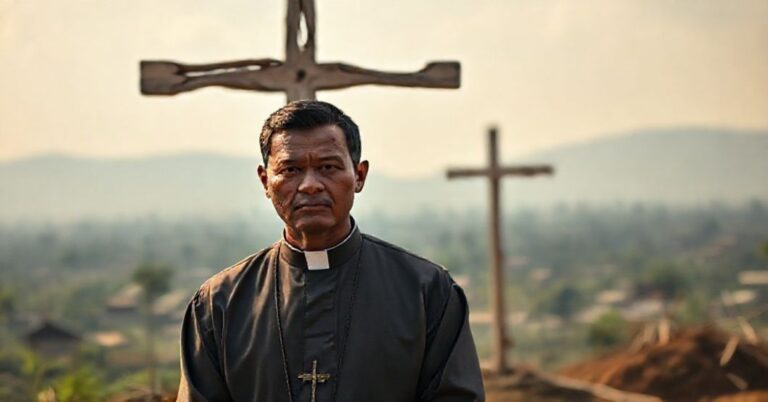 Katolicki kapłan w sutannie przed krzyżem na tle zniszczonego Myanmaru - symbol nadziei i wiary w obliczu cierpienia