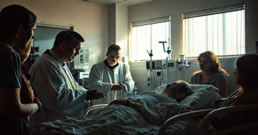 Prywatne zdjęcie przedstawiające katolickiego kapłana udzielającego namaszczenia chorych w szpitalu, otoczonego przez rodzinę. Scena podkreśla świętość momentu i napięcie między medycyną a łaską Bożą.