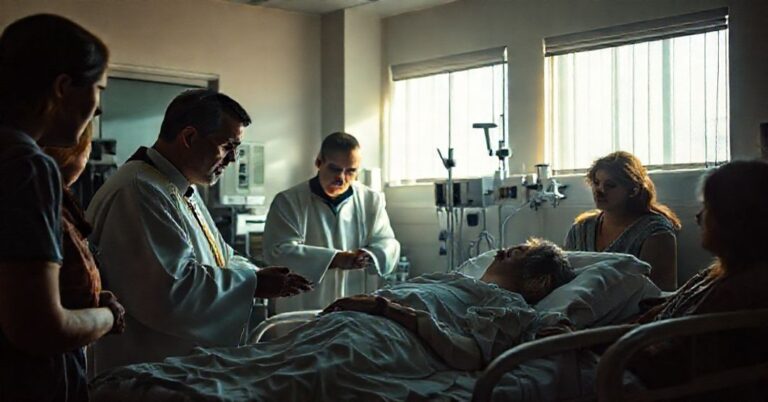 Prywatne zdjęcie przedstawiające katolickiego kapłana udzielającego namaszczenia chorych w szpitalu, otoczonego przez rodzinę. Scena podkreśla świętość momentu i napięcie między medycyną a łaską Bożą.