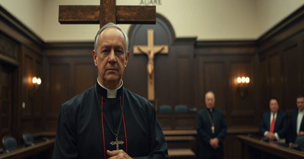 Tradycyjny katoliccy kapłan w ornaty stojący przed krzyżem drzewnym, z poważnym wyrazem twarzy, trzymając różaniec. Na tle słabo oświetlony sąd z gouverneur Kay Ivey i modernistą 'biskupem' Markiem Rivituso obserwującymi scenę.