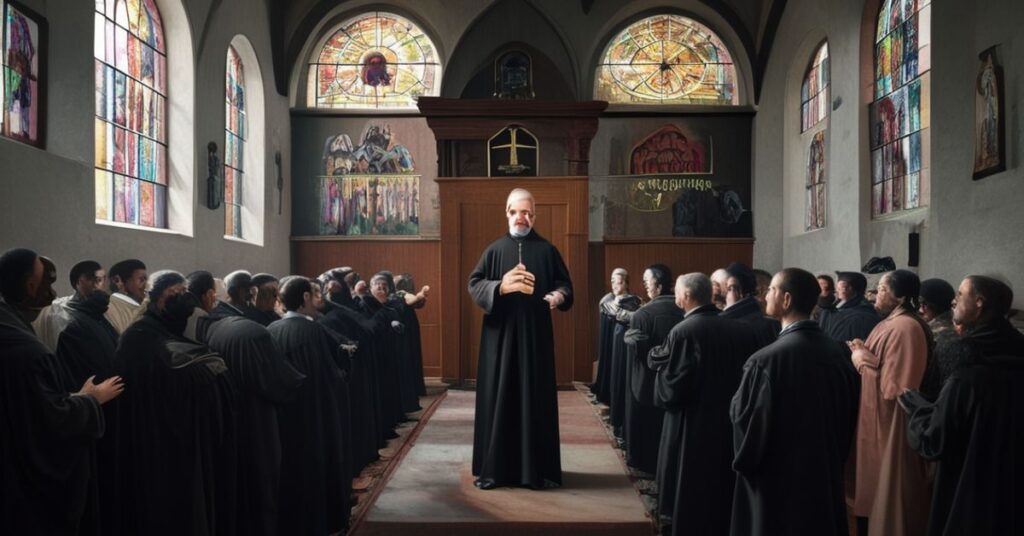 Solemny wnętrze kościoła z tradycyjnymi wiernymi modlącymi się podczas protestów na zewnątrz. Kapłan w pełnym stroju liturgicznym broni świętości miejsca kultu.