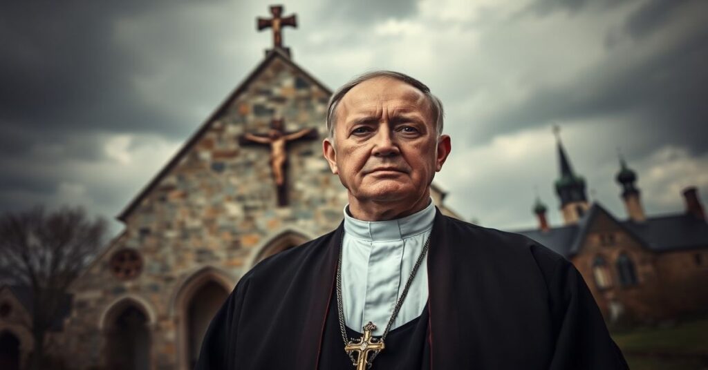 Portret tradycyjnego katolickiego kapłana w ornaty przed starym kościołem z krzyżem na tle burzowego nieba.