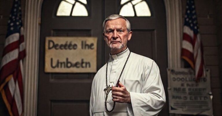 Prawy katolicki kapłan z różańcem przed zamkniętymi drzwiami kościoła z napisem "Obronate Nienarodzonych" na tle