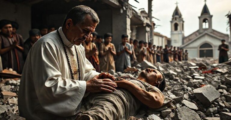 Zdjęcie przedstawiające katolickiego kapłana udzielającego ostatnich sakramentów ofierze trzęsienia ziemi na Filipinach. W tle modlący się lud i zniszczony kościół.
