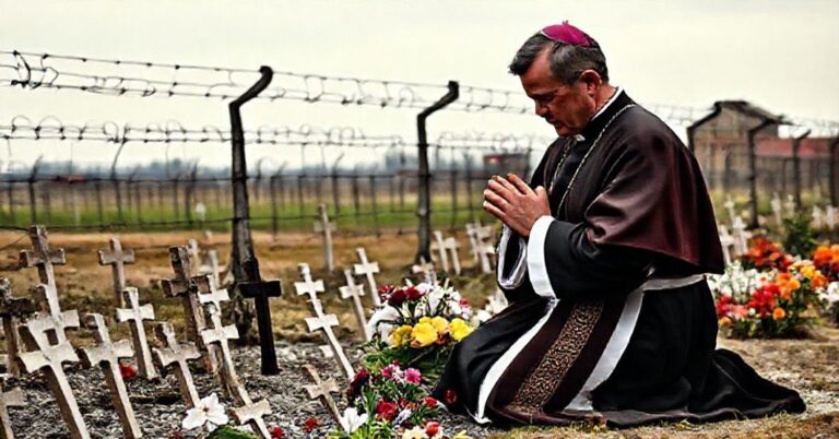 Katolicki kapłan modli się przed pomnikiem ofiar zagłady w obozie koncentracyjnym, symbolizując katolicką odpowiedź na profanację pamięci.
