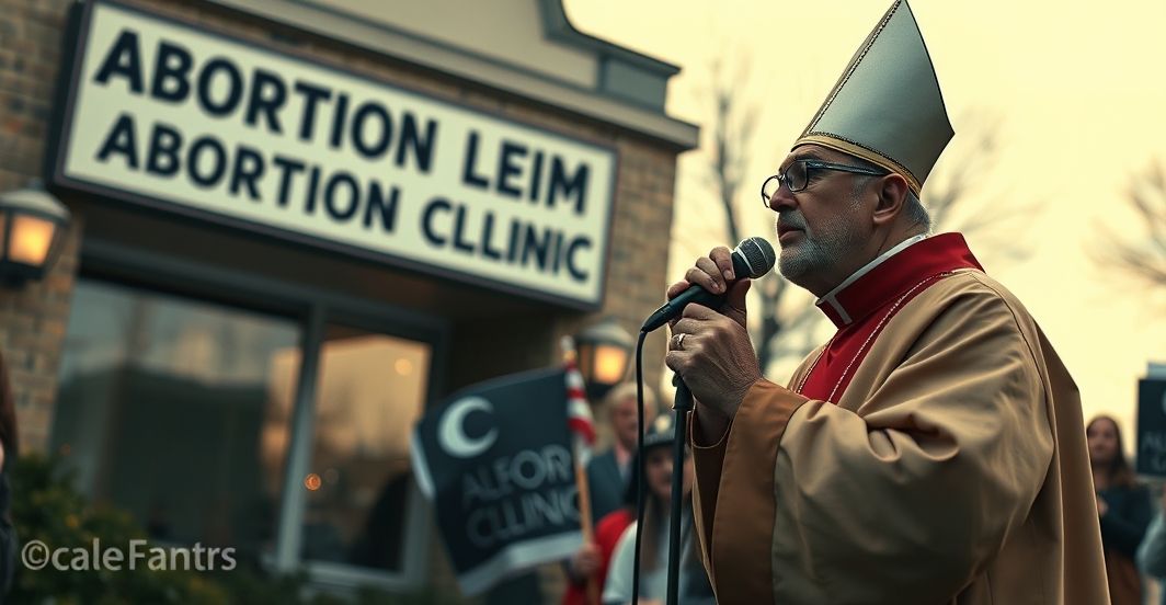 Reverentny obraz katolickiego kapłana protestującego przed kliniką aborcyjną, trzymającego mikrofon i muzykę religijną, symbolizujący moralną walkę i odwagę w obronie świętości życia