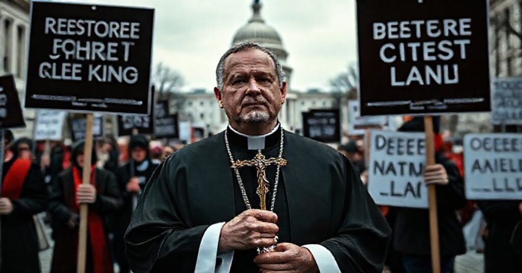 Kapłan katolicki w tradycyjnych szatach liturgicznych stoi przed Kapitolem w Waszyngtonie z krzyżem w ręku i transparentami domagającymi się przywrócenia królewskiej godności Chrystusa.