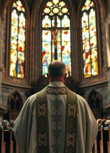 Tradycyjny katolicki kapłan w modlitwie w kościele Katolicki kapłan przed krucyfiksem w tradycyjnym kościele, symbolizujący powrót do prawdziwej wiary