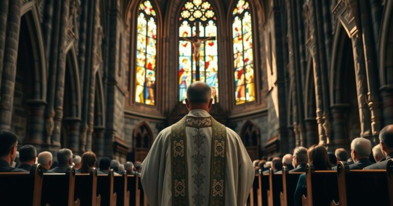 Katolicki kapłan przed krucyfiksem w tradycyjnym kościele, symbolizujący powrót do prawdziwej wiary