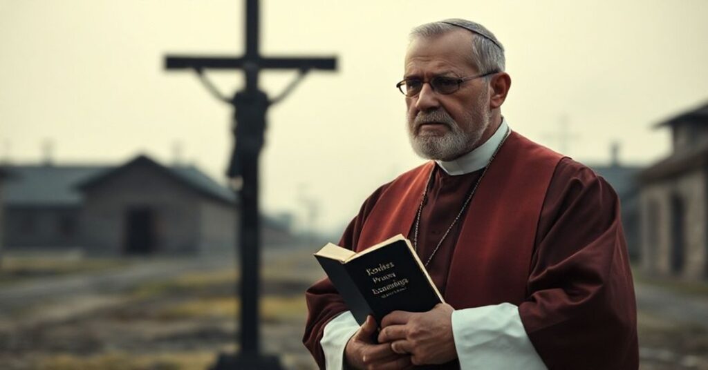 Prawdziwy katolicki kapłan w tradycyjnych szatach liturgicznych stoi przed krzyżem w atmosferze powagi i pokory