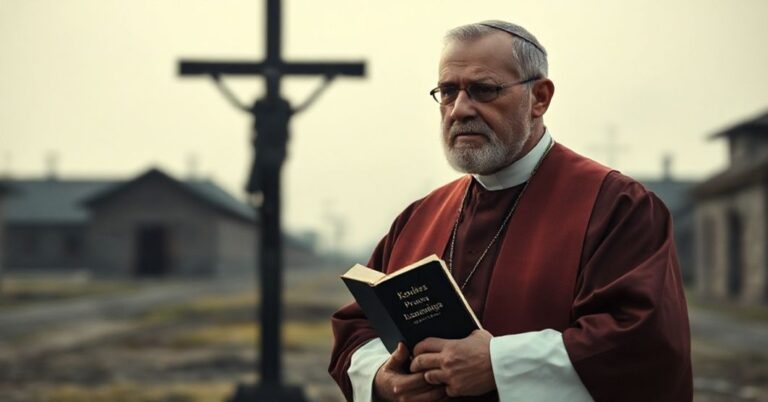 Prawdziwy katolicki kapłan w tradycyjnych szatach liturgicznych stoi przed krzyżem w atmosferze powagi i pokory