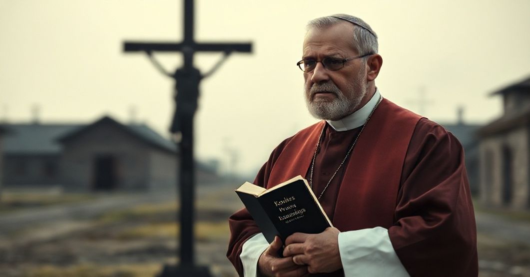 Prawdziwy katolicki kapłan w tradycyjnych szatach liturgicznych stoi przed krzyżem w atmosferze powagi i pokory