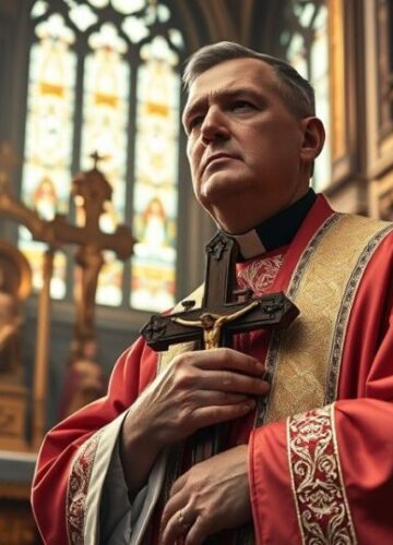 Tradycyjny katolicki kapłan przed ołtarzem w obronie wiary Kapłan w tradycyjnych szatach przy ołtarzu, symbolizujący katolicką tradycję i sprzeciw wobec modernistycznych dezintegracji