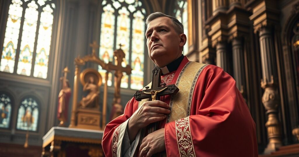 Kapłan w tradycyjnych szatach przy ołtarzu, symbolizujący katolicką tradycję i sprzeciw wobec modernistycznych dezintegracji