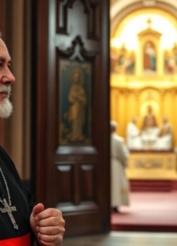 Katolicki kapłan i prawosławna katedra w Białymstoku Tradycyjny katolicki kapłan stojący przed zamkniętymi drzwiami prawosławnej katedry w Białymstoku, trzymający różaniec.