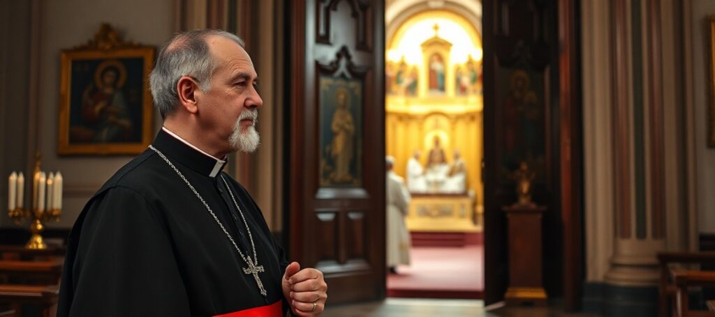 Tradycyjny katolicki kapłan stojący przed zamkniętymi drzwiami prawosławnej katedry w Białymstoku, trzymający różaniec.