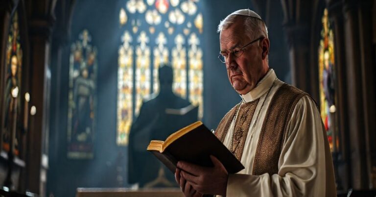 Katolicki kapłan w tradycyjnych szatach stoi przed ołtarzem, trzymając Biblię, podczas gdy postać podobna do Marcina Lutra niszczy książę, symbolizując herezję Reformacji.