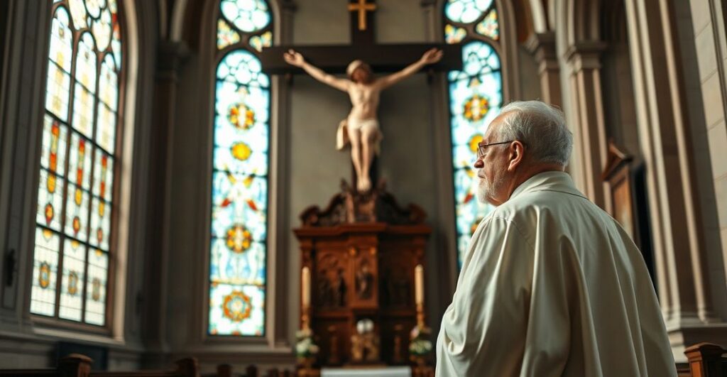 Doświadczony katolicki kapłan w tradycyjnych szatach, modlitewnie przy krzyżu w starym kościele, symbolizujący wierność naukom Kościoła wobec modernistycznych zagrożeń