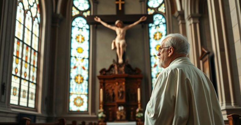 Doświadczony katolicki kapłan w tradycyjnych szatach, modlitewnie przy krzyżu w starym kościele, symbolizujący wierność naukom Kościoła wobec modernistycznych zagrożeń