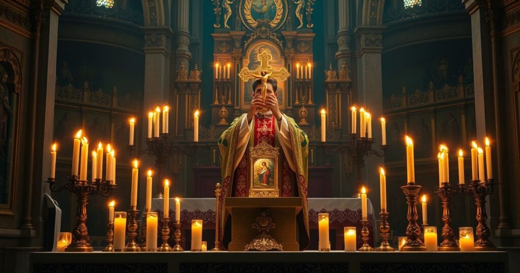 Realistyczny obraz katolickiego kapłana przy ołtarzu, trzymającego krucyfiks, w otoczeniu świec i sakralnych obrazów, wyrażający wiarę i oddanie.
