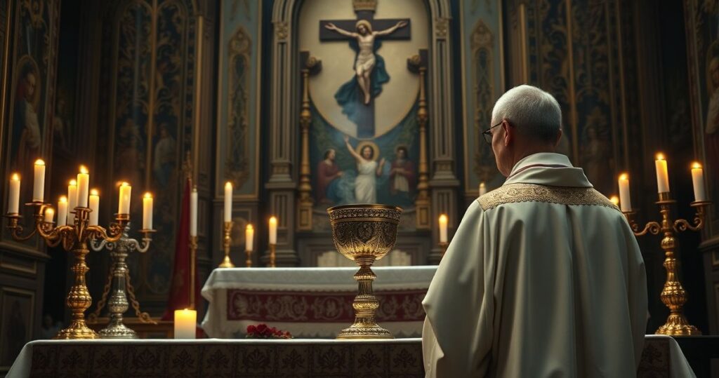 Fotografia realistycznego katolickiego kapłana w tradycyjnych szatach przy ołtarzu, ukazująca głęboką pobożność i wierność naukom Kościoła, symbolizująca obronę moralności i prawdziwej wiary przeciwko nowoczesnym zagrożeniom.