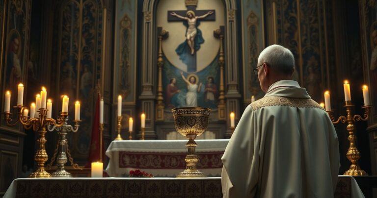 Fotografia realistycznego katolickiego kapłana w tradycyjnych szatach przy ołtarzu, ukazująca głęboką pobożność i wierność naukom Kościoła, symbolizująca obronę moralności i prawdziwej wiary przeciwko nowoczesnym zagrożeniom.