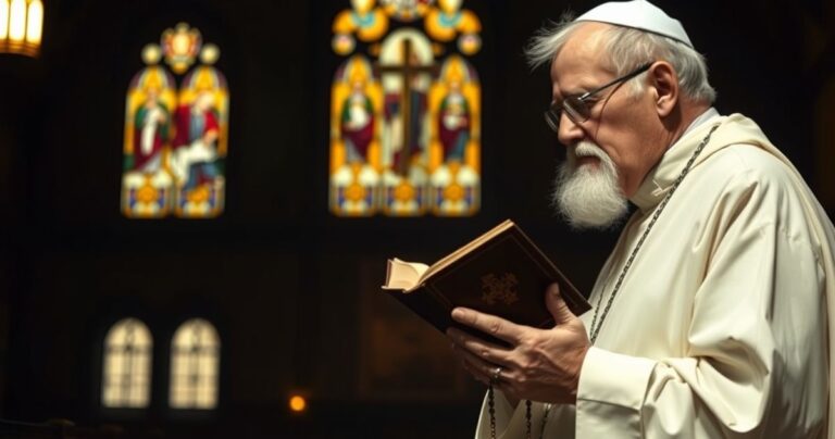 Katolicki kapłan w tradycyjnym stroju, modlący się w kościele z różancem i brewiarzem, symbolizujący refleksję teologiczną nad świętem Pesach z perspektywy sedevakantystycznej.