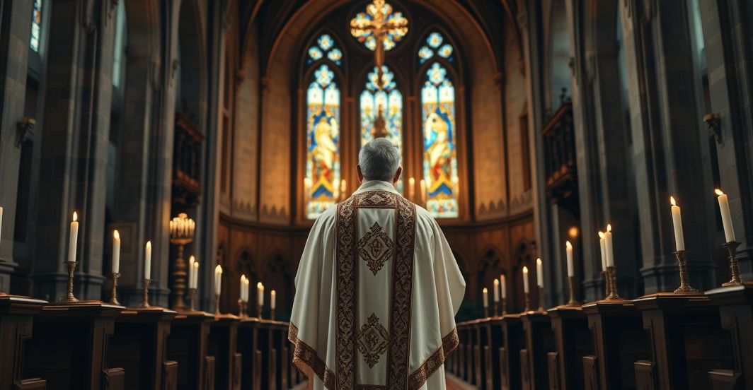 Tradycyjny katolicki kapłan w sanktuarium, symbol autentycznej wiary Religijna scena ukazująca kapłana w tradycyjnych szatach w sanktuarium, symbolizująca autentyczną katolicką wierność i sprzeciw wobec modernistycznych zmian.