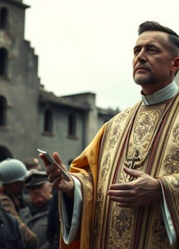 Katolicki kapłan odprawiający mszę za ofiary wojny w Sulejowie Reverentny obraz katolickiego kapłana odprawiającego mszę za ofiary wojny, zniszczone budynki w tle, ukazujący głęboki szacunek i duchową refleksję