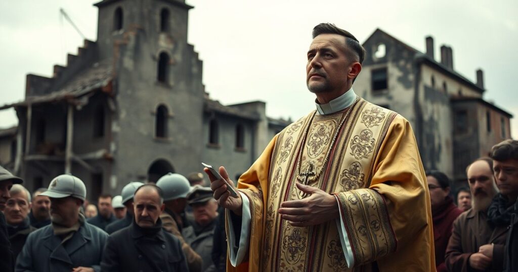 Reverentny obraz katolickiego kapłana odprawiającego mszę za ofiary wojny, zniszczone budynki w tle, ukazujący głęboki szacunek i duchową refleksję