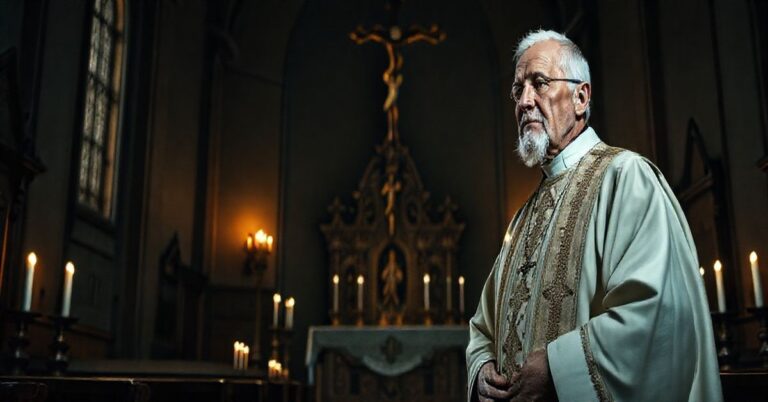 Zdjęcie realistycznego kapłana w tradycyjnych szatach liturgicznych w świątyni, symbolizujące autentyczną katolicką pobożność i krytykę rewolucji soborowej.