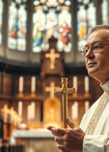 Katolicki kapłan odprawiający tradycyjną Mszę w kościele Fotografia realistycznego katolickiego kapłana odprawiającego tradycyjną Mszę świętą w starym kościele z witrażami, ukazując głęboki szacunek i pobożność.