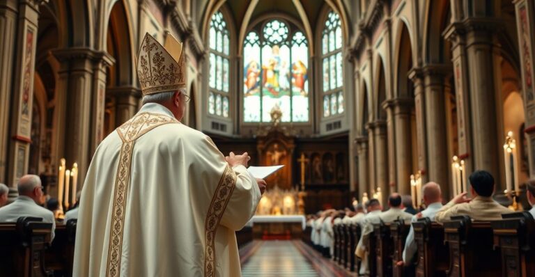 Klerik katolicki w tradycyjnych szatach odprawia liturgię w historycznym kościele, symbolizując zachowanie tradycyjnej Mszy i sprzeciw wobec nowoczesnych eksperymentów liturgicznych.