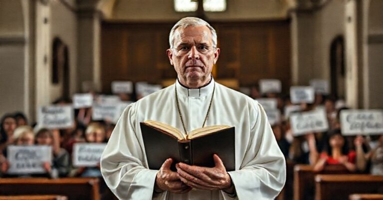 Katolicki kapłan w tradycyjnym koście trzymający zamkniętą Biblię, z poważnym wyrazem twarzy na tle tłumy Amerykanów trzymających transparenty z wartosciami moralnymi.