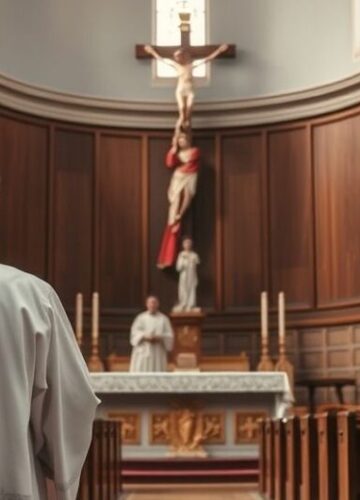 Reprezentacja katolickiego kapłana w tradycyjnym kościele - krytyka modernistycznej herezji Obraz kapłana w tradycyjnym stroju w kościele, symbolizujący autentyczną wiarę katolicką i krytykę modernizmu