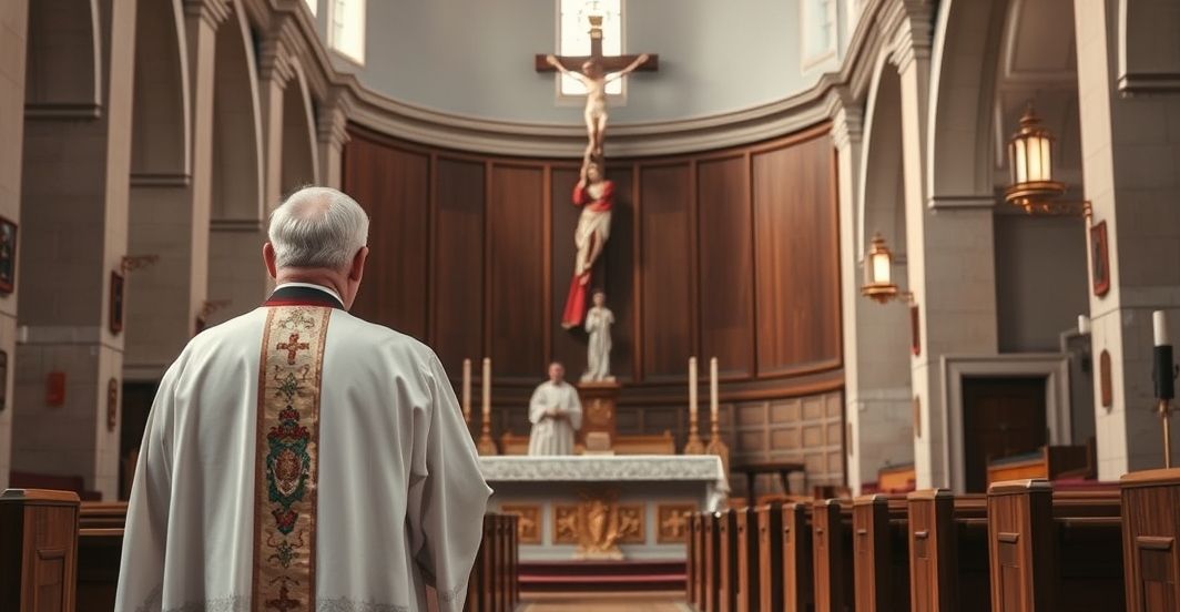 Obraz kapłana w tradycyjnym stroju w kościele, symbolizujący autentyczną wiarę katolicką i krytykę modernizmu