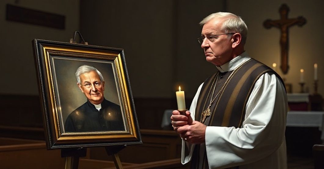 Prawdziwy katolicki kapłan w tradycyjnych szatach liturgicznych stojący w ciemnym kościele z zapaloną świecą, żałosny wyraz twarzy podczas usuwania portretu senatora Dicka Durbina z wystawy. Scena podkreśla zdradę nauk Kościoła.